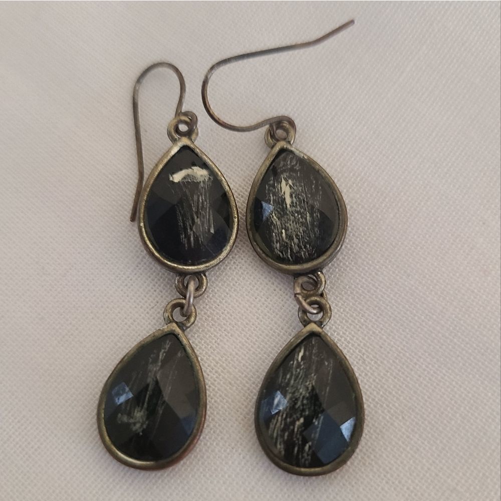 Double Teardrop Metal and Gem Look Dangle Earrings